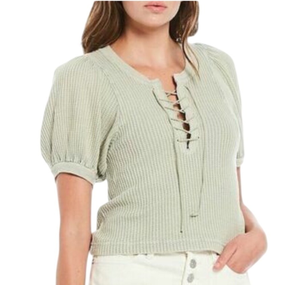 FP ONE Free People Hayden Waffle Knit Lace-Up Puff Sleeve Top Light Green Small